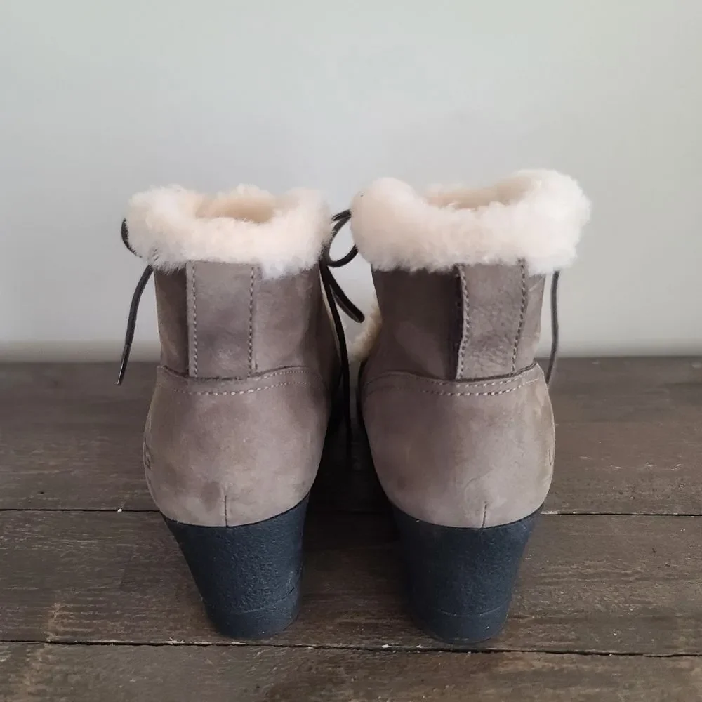 UGG Jeovana Boots Gray Suede Waterproof 1017421 Wedge Lace Up Booties Size 8.5